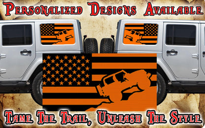 rock crawler American flag black Rear quarter window see through graphic.