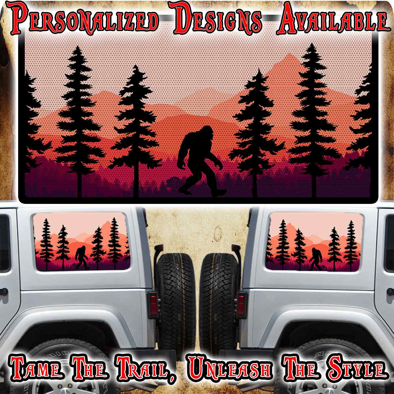 Bigfoot cabin Rear quarter window see through graphic.