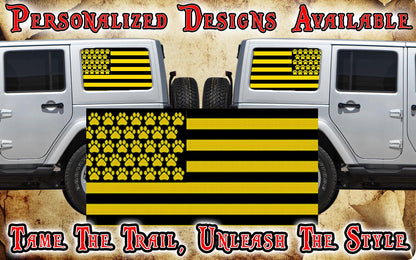 Paw print American flag black Rear quarter window see through graphic.