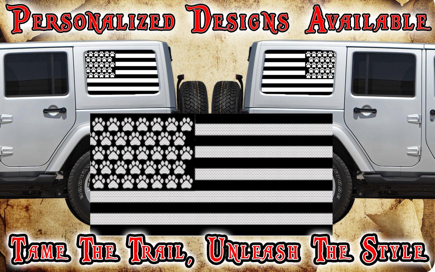 Paw print American flag black Rear quarter window see through graphic.