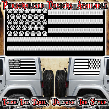 Paw print American flag black Rear quarter window see through graphic.