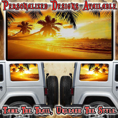 Sunny palms Rear quarter window see through graphic.