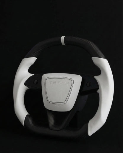 TESLA MODEL Y JUNIPER WHITE LEATHER FLAT BOTTOM STORMTROOPER DRY MATTE CARBON STEERING WHEEL