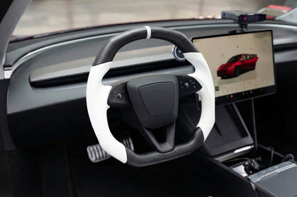 TESLA MODEL Y JUNIPER WHITE LEATHER FLAT BOTTOM STORMTROOPER DRY MATTE CARBON STEERING WHEEL