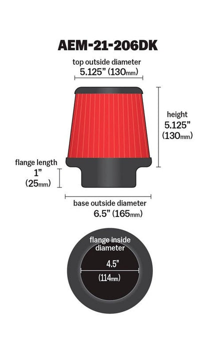 AEM Induction DryFlow Air Filter 4.5in X 5-1/8in AIP21-206DK