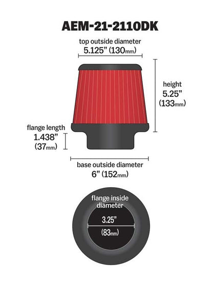 AEM Induction DryFlow Air Filter 3.25in X 5-1/4in AIP21-2110DK