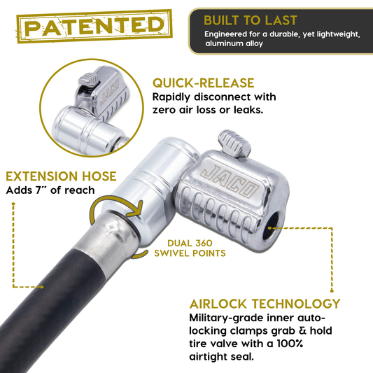 Lightning™ L2X Quick-Connect Locking Tire Inflator Air Chuck Extension | Patented Lock-on Compressor Hose Attachment (Open Flow)