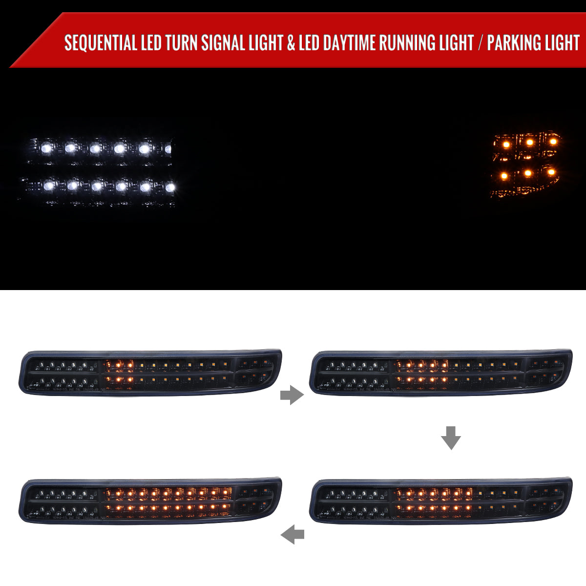 1999-2007 GMC Sierra/Yukon/Yukon XL Bumper Lights w/ Sequential Turn Signal Lights (Glossy Black Housing/Smoked Lens)