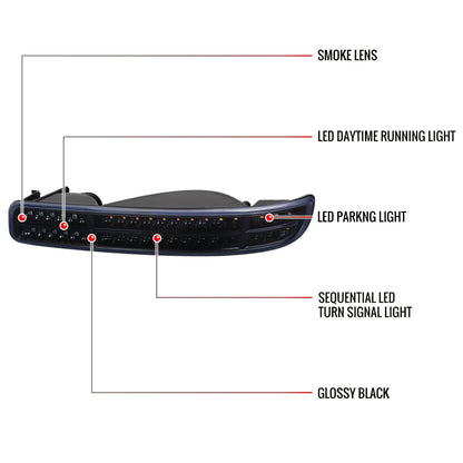 1999-2007 GMC Sierra/Yukon/Yukon XL Bumper Lights w/ Sequential Turn Signal Lights (Glossy Black Housing/Smoked Lens)
