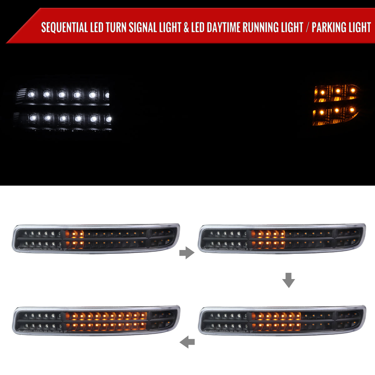 1999-2007 GMC Sierra/Yukon/Yukon XL Bumper Lights w/ Sequential Turn Signal Lights (Matte Black Housing/Clear Lens)