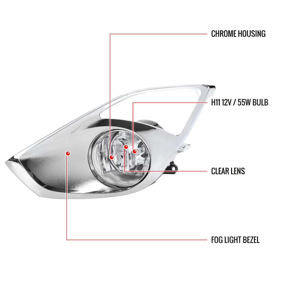 2013-2015 Toyota Avalon H11 Fog Lights Kit w/ Switch & Wiring Harness (Chrome Housing/Clear Lens)