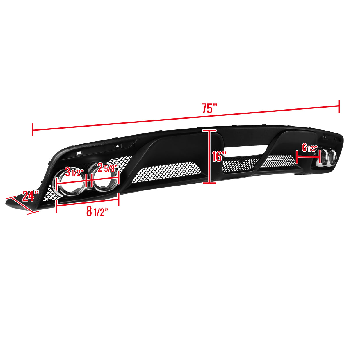 2015-2017 Ford Mustang Black Polypropylene GT350 Style Rear Diffuser w/ Dual Stainless Steel Muffler Tips