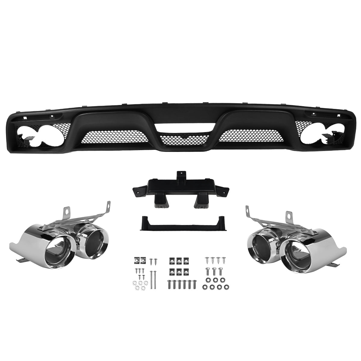 2015-2017 Ford Mustang Black Polypropylene GT350 Style Rear Diffuser w/ Dual Stainless Steel Muffler Tips