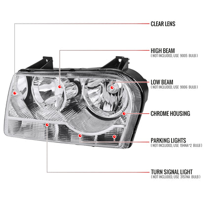 2005-2010 Chrysler 300 Factory Style Headlights (Chrome Housing/Clear Lens)