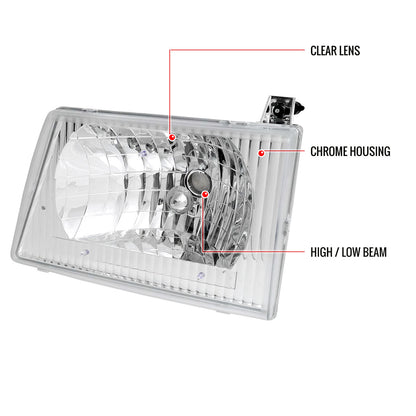 1992-2006 Ford Econoline Factory Style Crystal Headlights (Chrome Housing/Clear Lens)