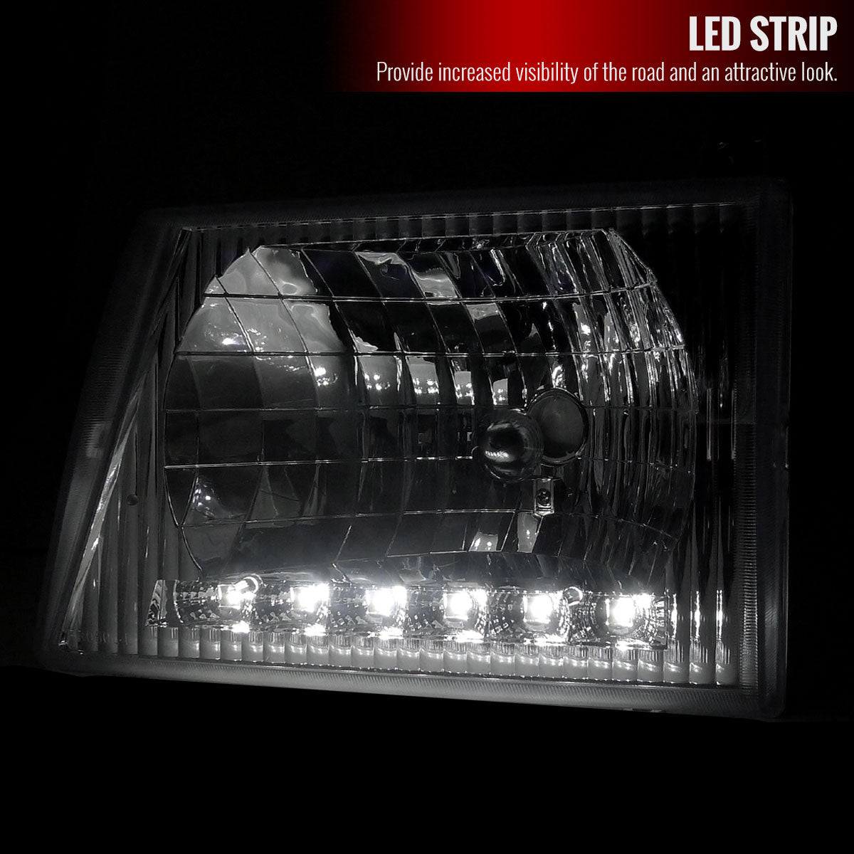 1992-2006 Ford Econoline Factory Style Headlights w/ SMD LED Light Strip (Chrome Housing/Clear Lens)