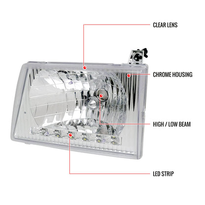 1992-2006 Ford Econoline Factory Style Headlights w/ SMD LED Light Strip (Chrome Housing/Clear Lens)