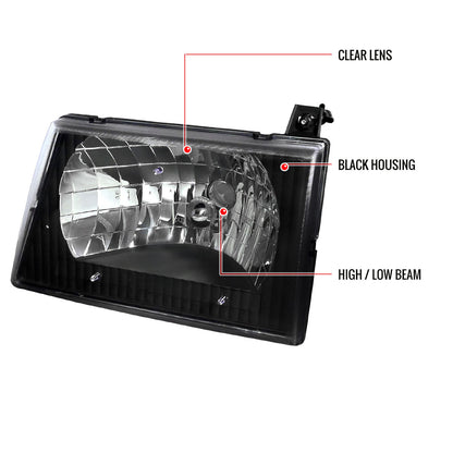 1992-2006 Ford Econoline Factory Style Crystal Headlights (Matte Black Housing/Clear Lens)
