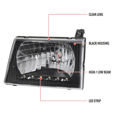 1992-2006 Ford Econoline Factory Style Headlights w/ SMD LED Light Strip (Matte Black Housing/Clear Lens)