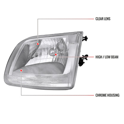 1997-2004 Ford F-150/Expedition Factory Style Crystal Headlights (Chrome Housing/Clear Lens)