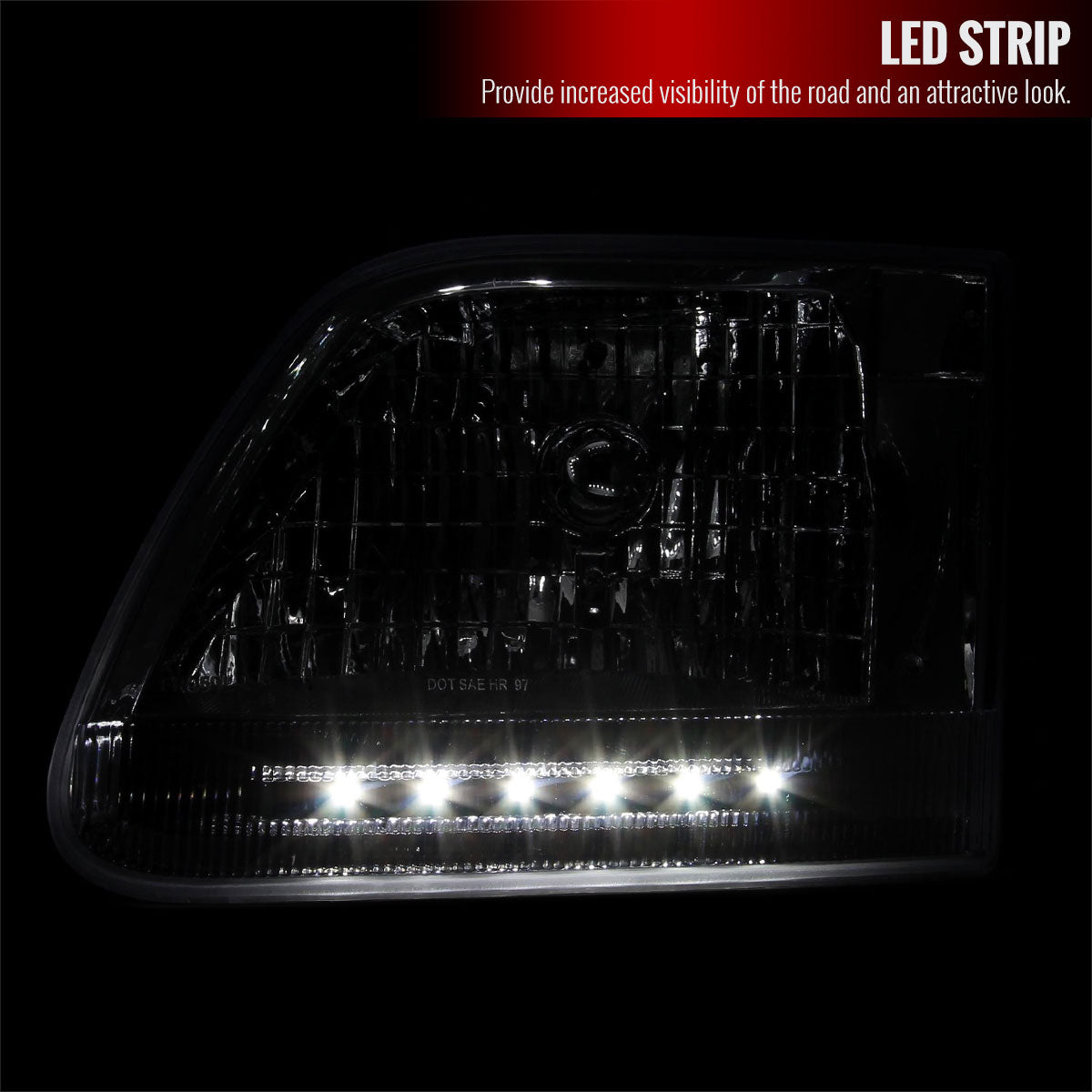1997-2004 Ford F-150/Expedition Factory Style Headlights w/ SMD LED Light Strip (Chrome Housing/Clear Lens)