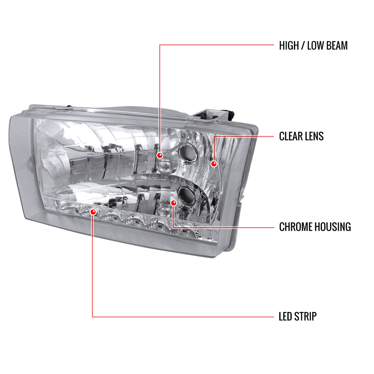 1999-2004 Ford F-250/F-350/F-450/F-550/Excursion Factory Style Headlights w/ SMD LED Light Strip (Chrome Housing/Clear Lens)