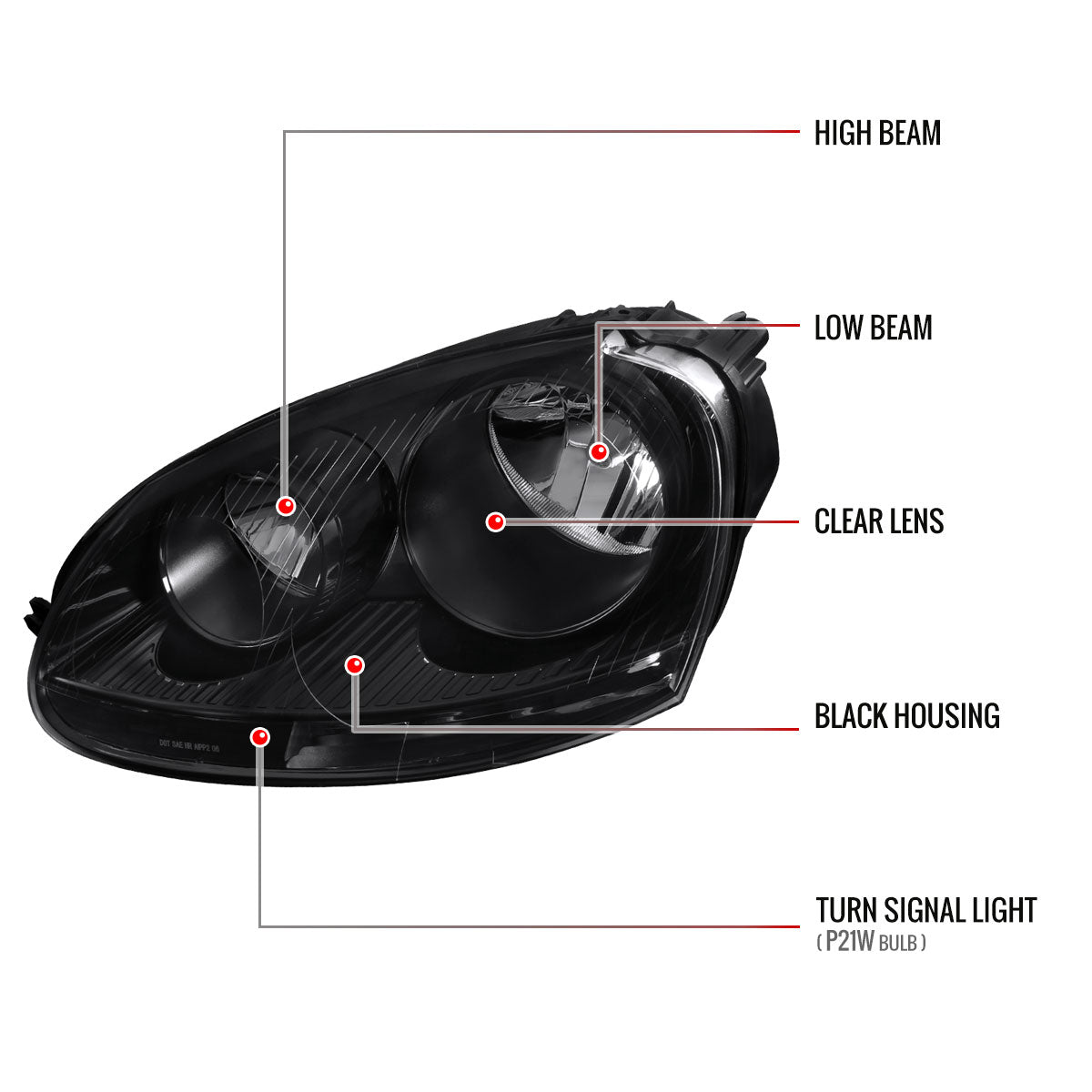 2005-2010 Volkswagen Golf Mk5 /Jetta/Rabbit Factory Style Headlights w/ P21W Turn Signal Bulbs (Matte Black Housing/Clear Lens)
