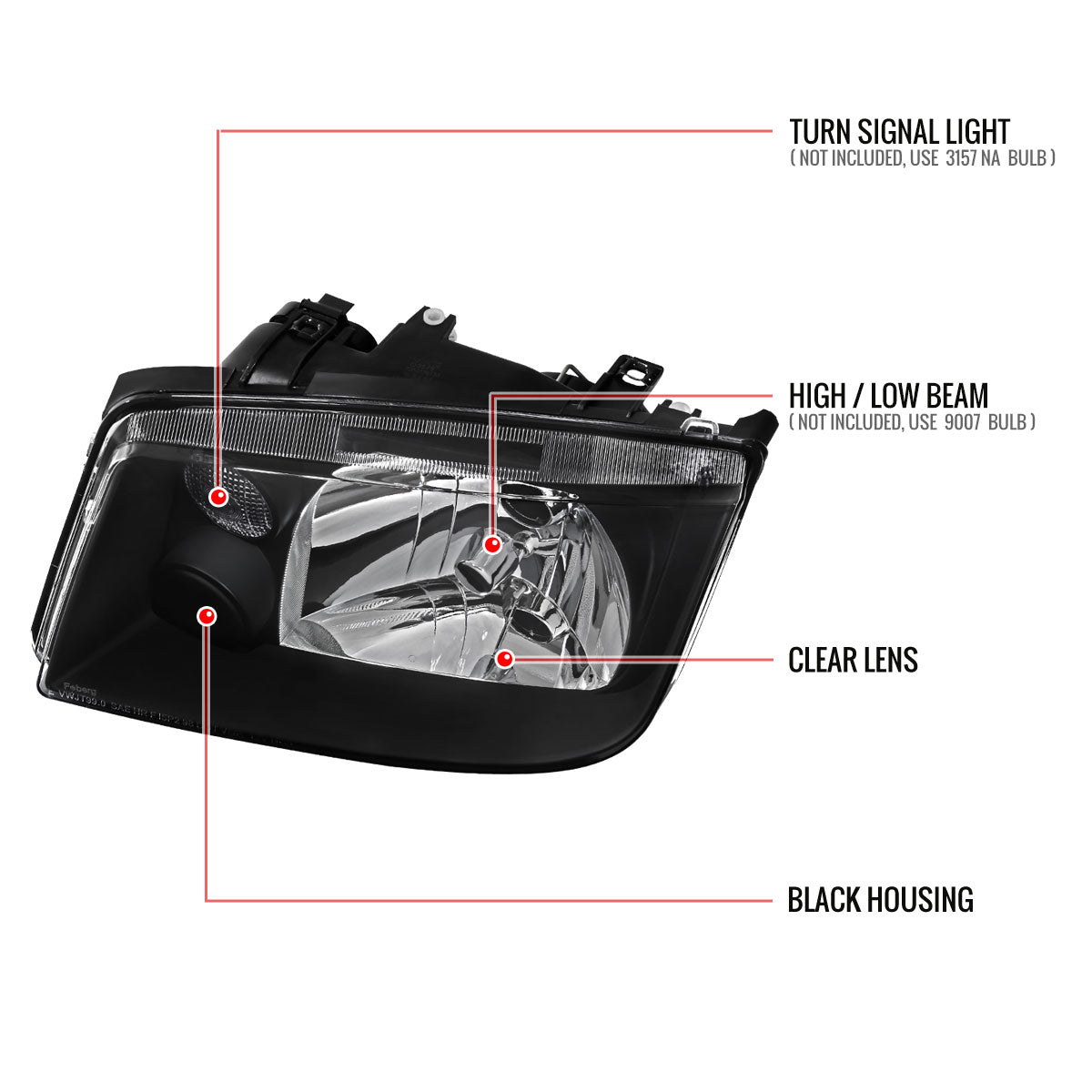 1999-2005 Volkswagen Jetta/Bora Mk4 V3 Factory Style Headlights (Matte Black Housing/Clear Lens)