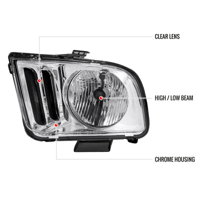 2005-2009 Ford Mustang Factory Style Headlights (Chrome Housing/Clear Lens)