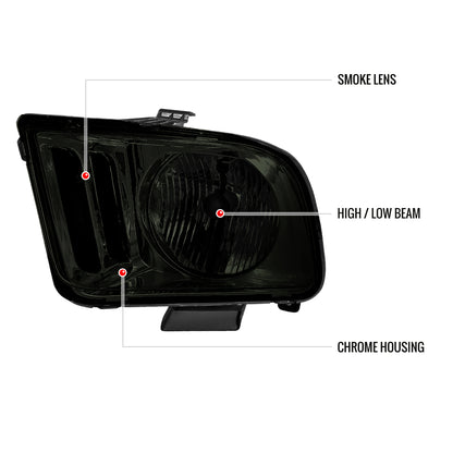 2005-2009 Ford Mustang Factory Style Headlights (Chrome Housing/Smoked Lens)