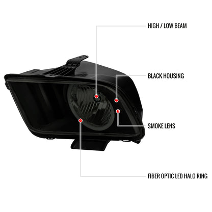 2005-2009 Ford Mustang LED Halo Factory Style Headlights (Matte Black Housing/Smoked Lens)