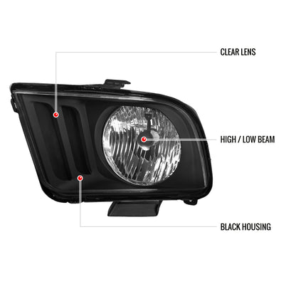 2005-2009 Ford Mustang Factory Style Headlights (Matte Black Housing/Clear Lens)