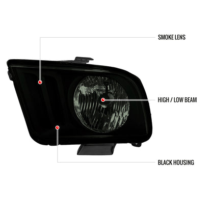 2005-2009 Ford Mustang Factory Style Headlights (Black Housing/Smoked Lens)