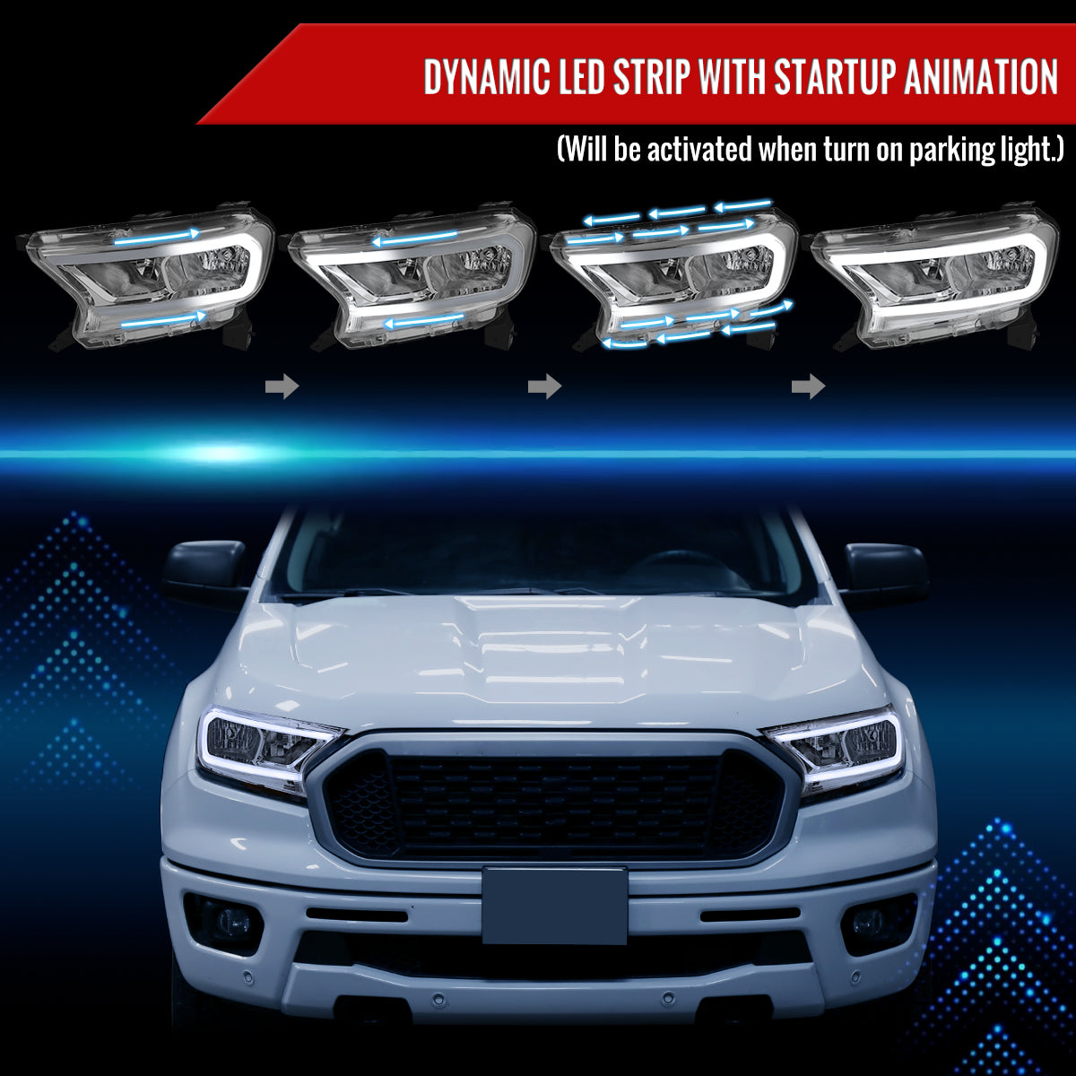 2019-2023 Ford Ranger XL XLT Factory Style Replacement Headlights with LED Bar Turn Signal (Chrome Housing / Clear Lens)