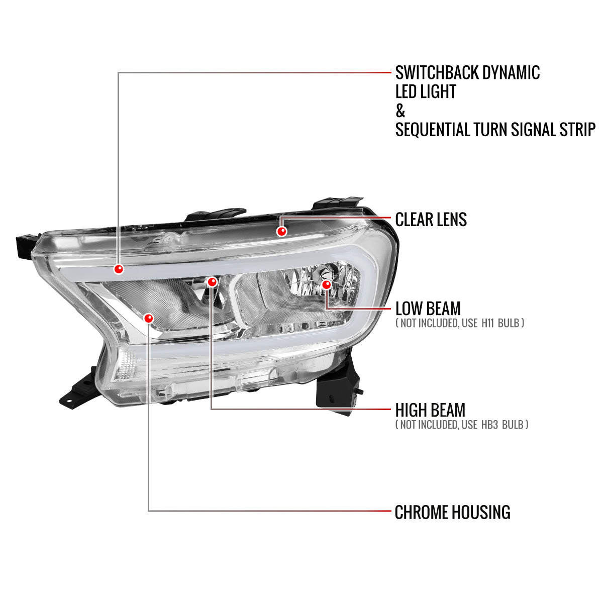 2019-2023 Ford Ranger XL XLT Factory Style Replacement Headlights with LED Bar Turn Signal (Chrome Housing / Clear Lens)