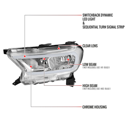2019-2023 Ford Ranger XL XLT Factory Style Replacement Headlights with LED Bar Turn Signal (Chrome Housing / Clear Lens)