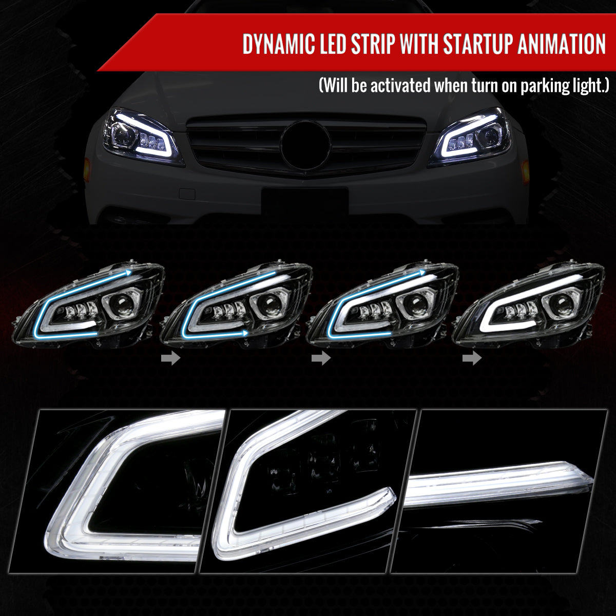 2008-2011 Mercedes Benz W204 C-Class Switchback Sequential Full LED Projector Headlights (Matte Black Housing/Clear Lens)