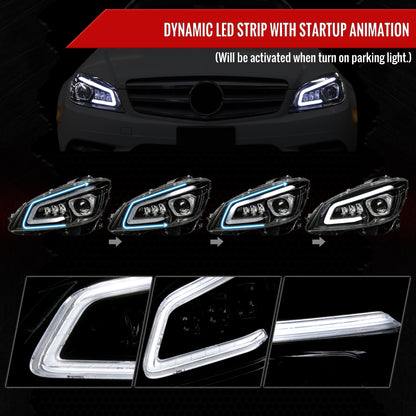 2008-2011 Mercedes Benz W204 C-Class Switchback Sequential Full LED Projector Headlights (Matte Black Housing/Clear Lens)