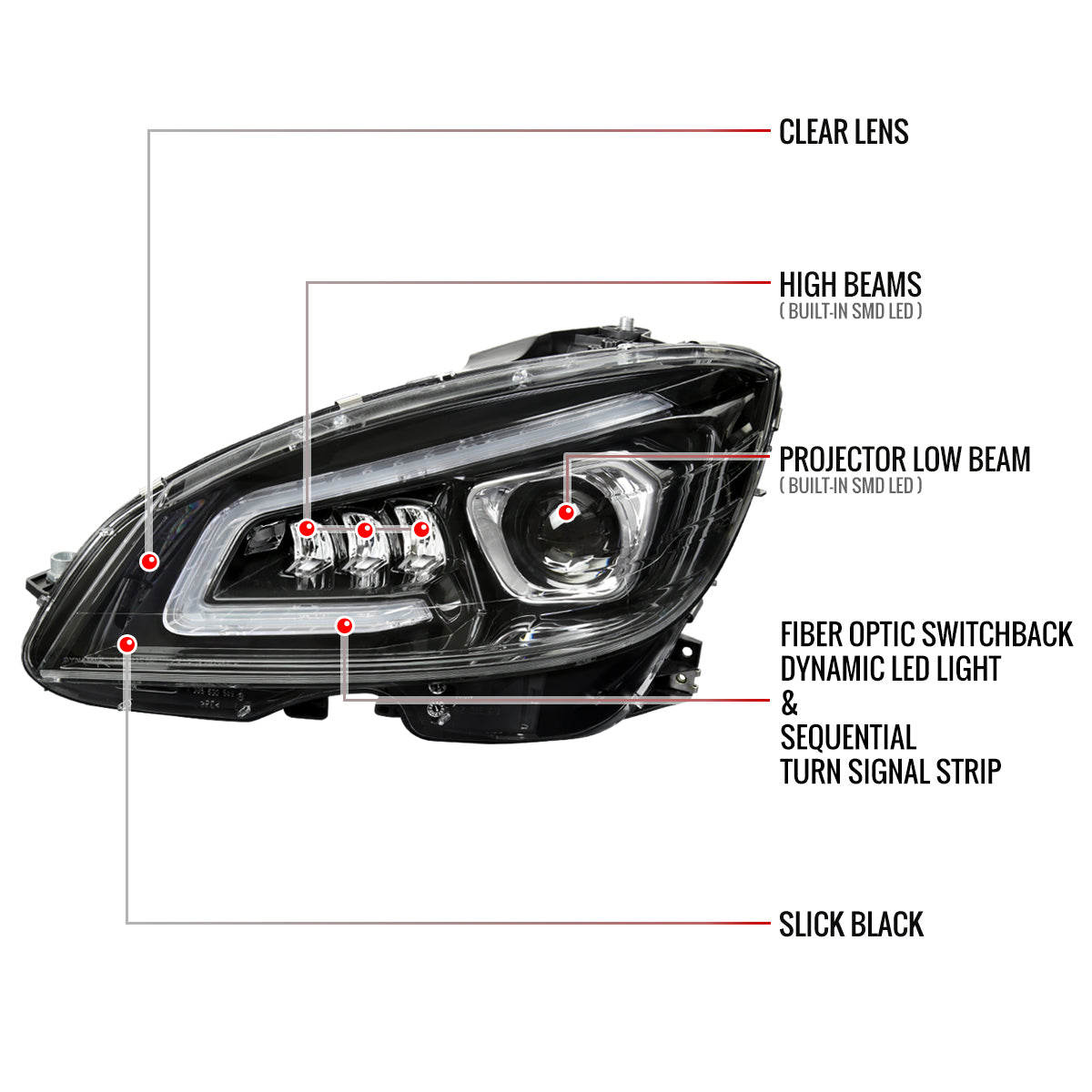 2008-2011 Mercedes Benz W204 C-Class Switchback Sequential Full LED Projector Headlights (Matte Black Housing/Clear Lens)