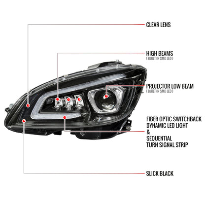 2008-2011 Mercedes Benz W204 C-Class Switchback Sequential Full LED Projector Headlights (Matte Black Housing/Clear Lens)