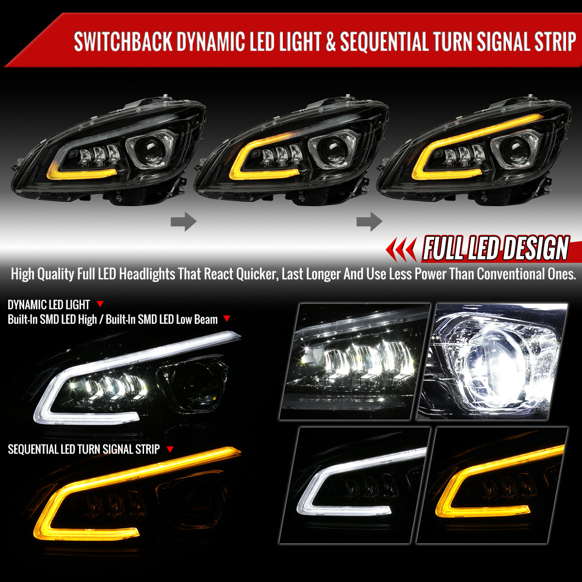 2008-2011 Mercedes Benz W204 C-Class Switchback Sequential Full LED Projector Headlights (Matte Black Housing/Smoked Lens)