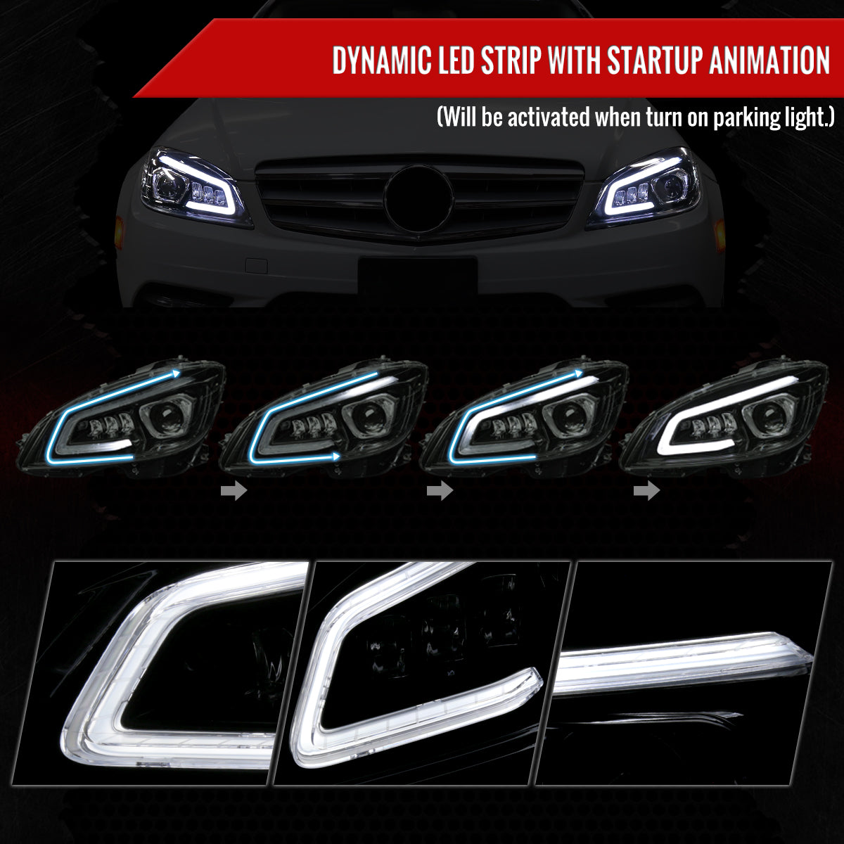 2008-2011 Mercedes Benz W204 C-Class Switchback Sequential Full LED Projector Headlights (Matte Black Housing/Smoked Lens)