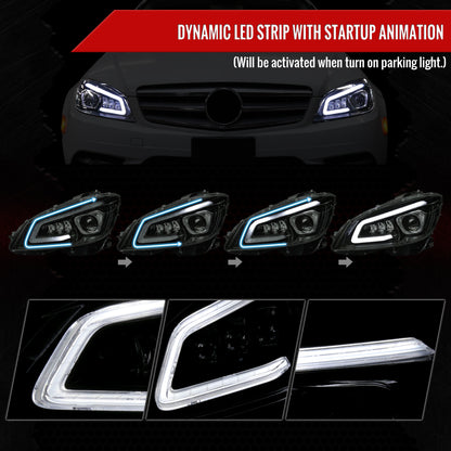 2008-2011 Mercedes Benz W204 C-Class Switchback Sequential Full LED Projector Headlights (Matte Black Housing/Smoked Lens)