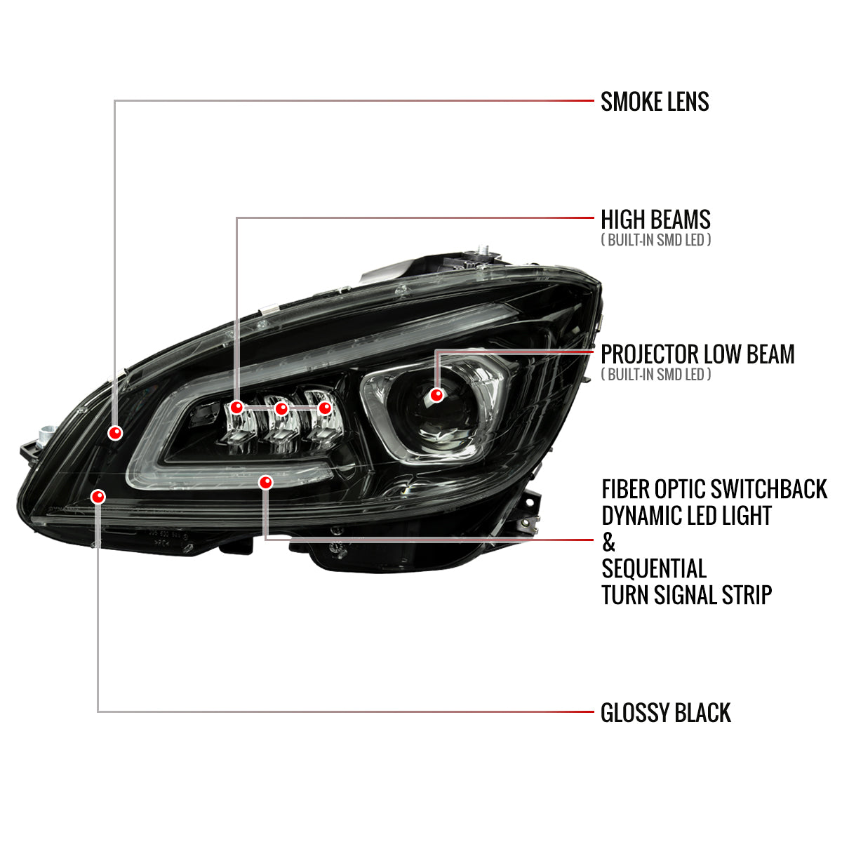 2008-2011 Mercedes Benz W204 C-Class Switchback Sequential Full LED Projector Headlights (Matte Black Housing/Smoked Lens)