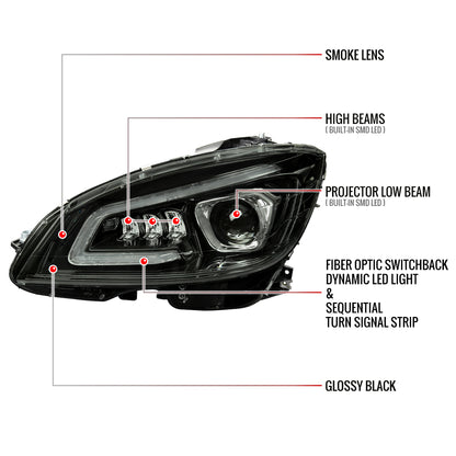 2008-2011 Mercedes Benz W204 C-Class Switchback Sequential Full LED Projector Headlights (Matte Black Housing/Smoked Lens)