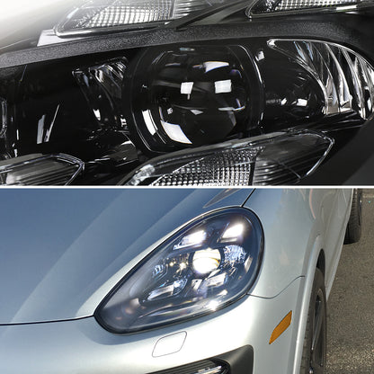 2015-2017 Porsche Cayenne 958.2 LED Projector Headlights w/ DRL for non-Dynamic Function  (Matte Black Housing / Glossy Black Accents / Clear Lens)