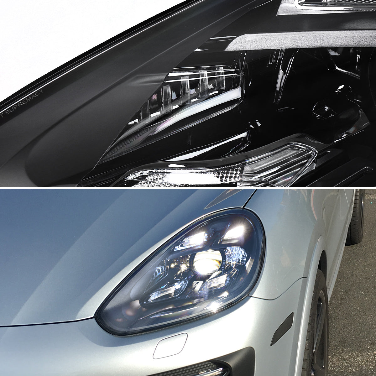 2015-2017 Porsche Cayenne 958.2 LED Projector Headlights w/ DRL for non-Dynamic Function  (Matte Black Housing / Glossy Black Accents / Clear Lens)