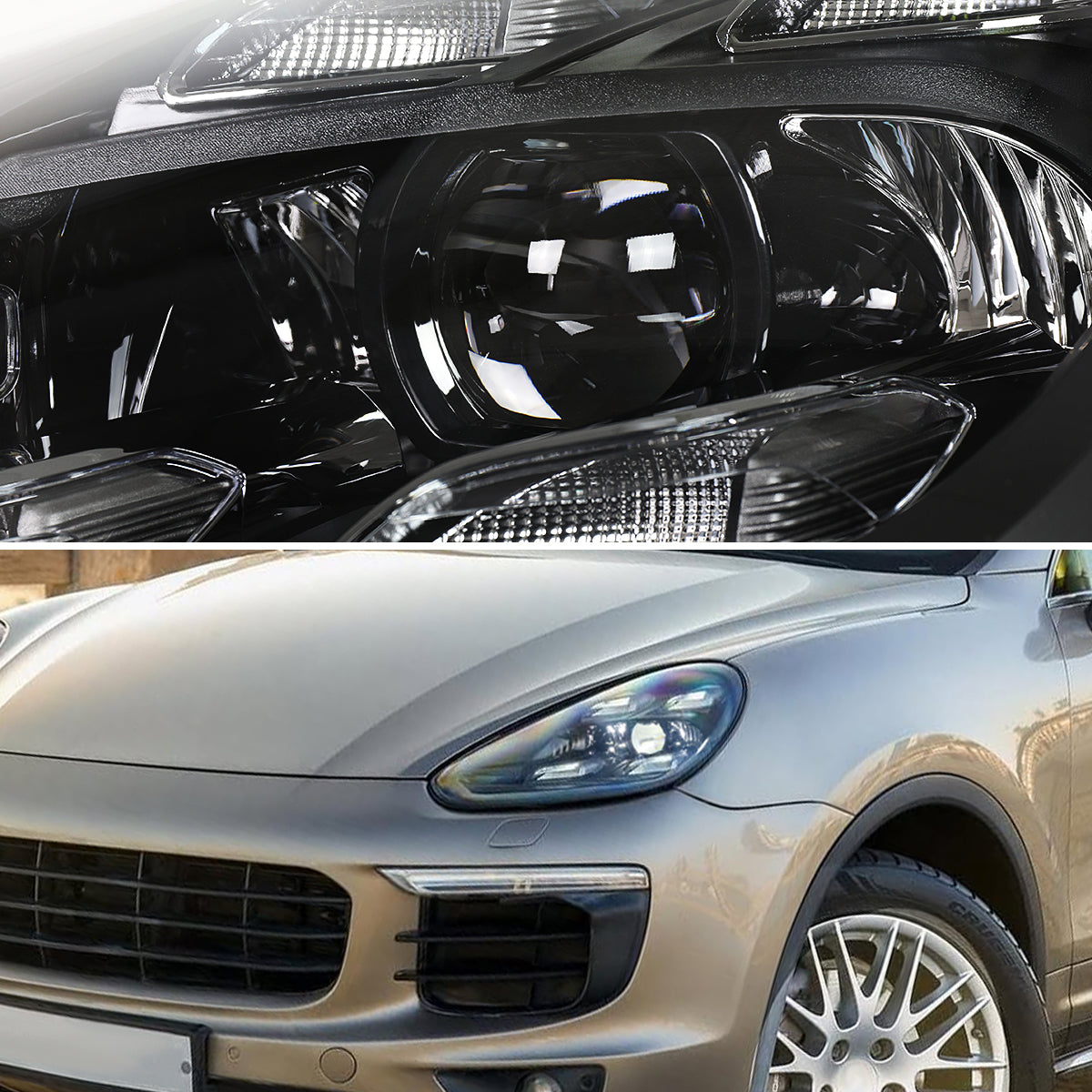 2015-2017 Porsche Cayenne 958.2 LED Projector Headlights w/ DRL for Dynamic Function  (Matte Black Housing / Glossy Black Accents / Clear Lens)