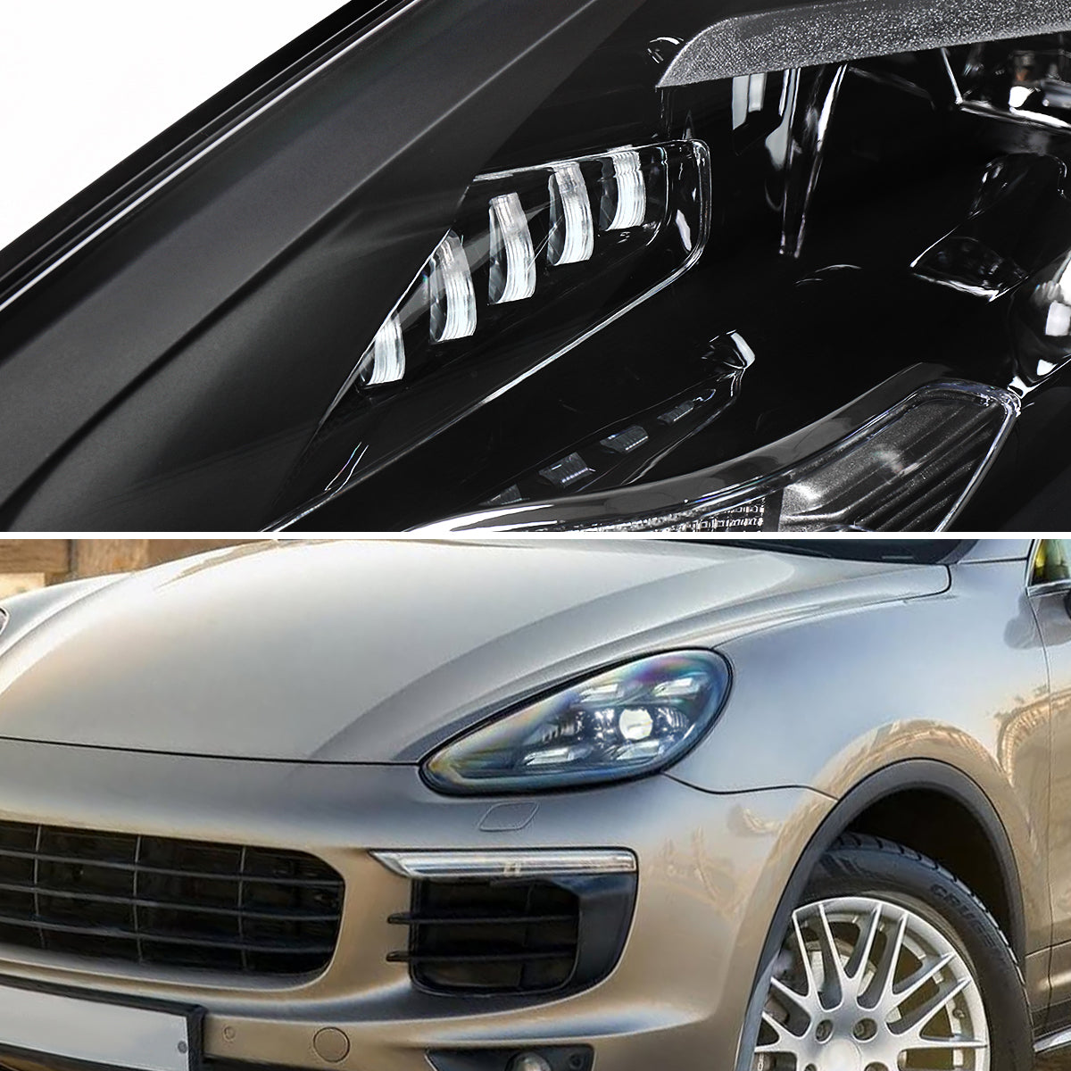 2015-2017 Porsche Cayenne 958.2 LED Projector Headlights w/ DRL for Dynamic Function  (Matte Black Housing / Glossy Black Accents / Clear Lens)