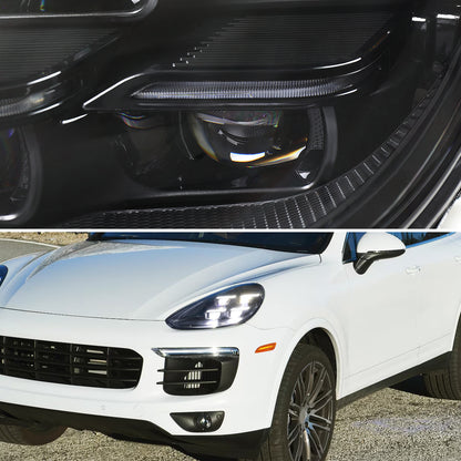 2015-2017 Porsche Cayenne 958.2 Matrix Style LED Projector Headlights w/ DRL for non-Dynamic Function  (Matte Black Housing / Glossy Black Accents / Clear Lens)